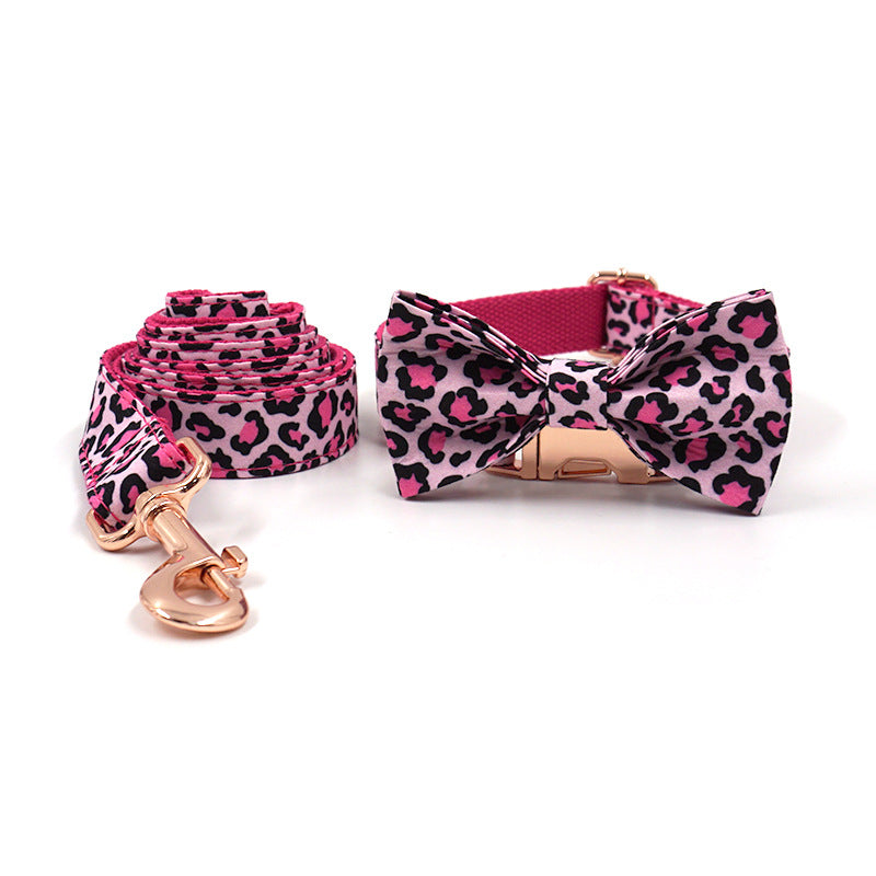 KFX-1276989 Leopard Print Rose Gold Pet Collar with Matching Leash and Bow