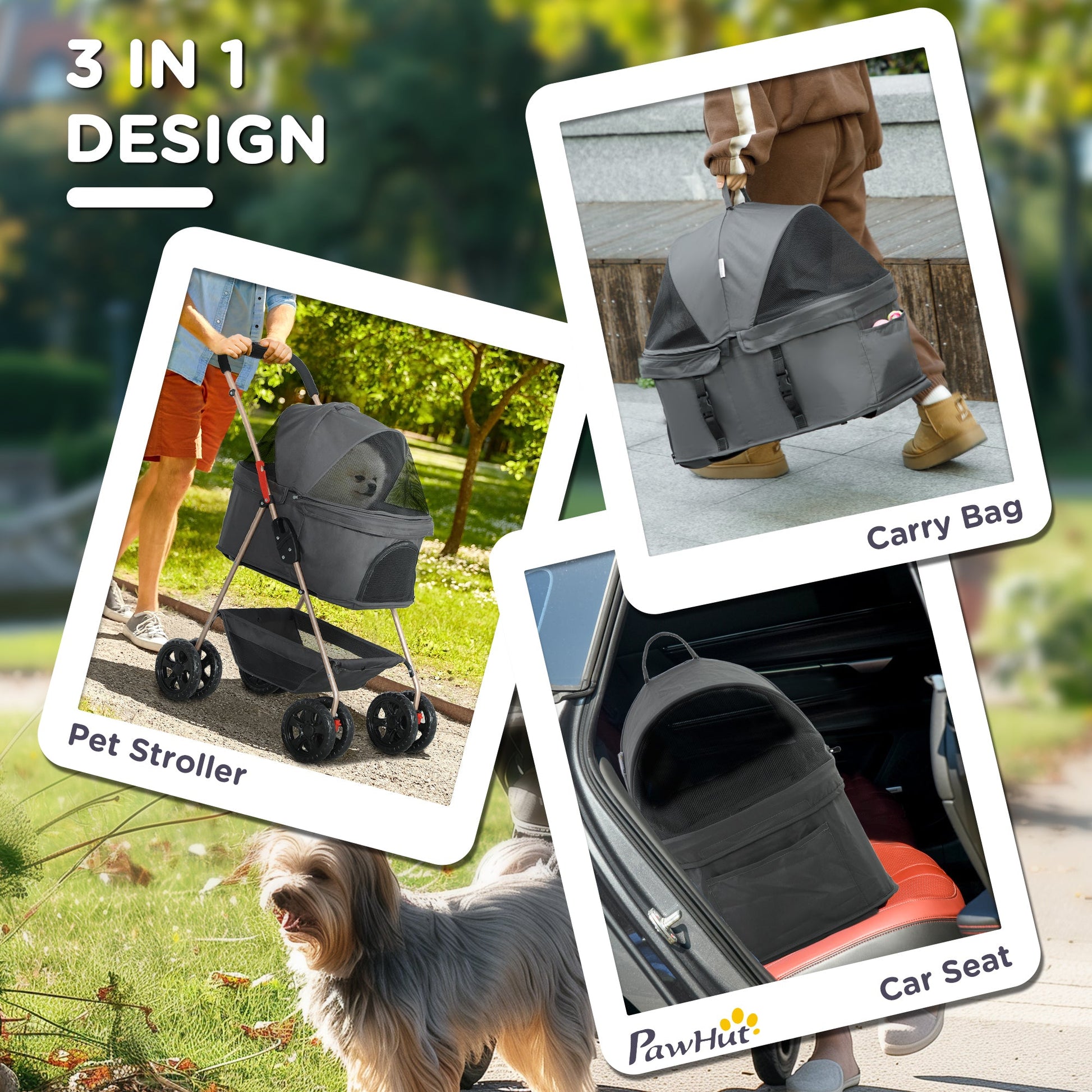 KFX-1284413 3-in-1 Foldable Pet Stroller with Detachable Carrier, Storage Basket & Cupholder for Mini Dogs, Gray