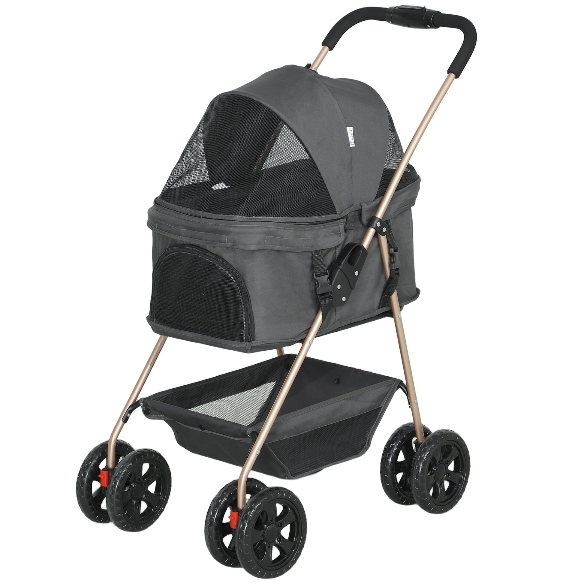 KFX-1284413 3-in-1 Foldable Pet Stroller with Detachable Carrier, Storage Basket & Cupholder for Mini Dogs, Gray