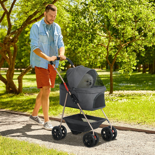 KFX-1284413 3-in-1 Foldable Pet Stroller with Detachable Carrier, Storage Basket & Cupholder for Mini Dogs, Gray