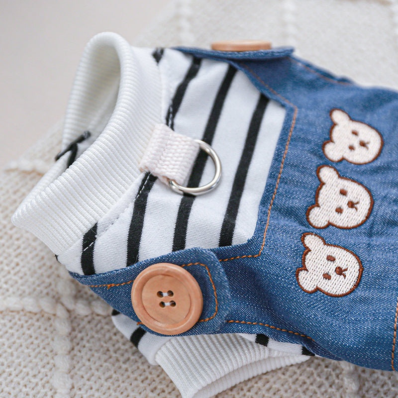 KFX-1287101 Stylish Bear Jeans Black and White Striped Suspender Pants for Pets