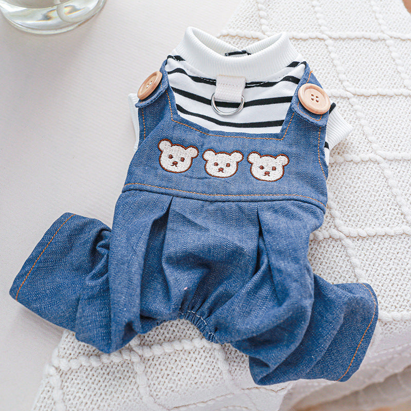KFX-1287101 Stylish Bear Jeans Black and White Striped Suspender Pants for Pets