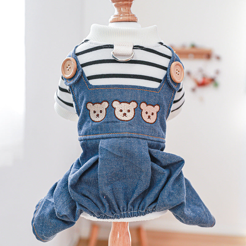 KFX-1287101 Stylish Bear Jeans Black and White Striped Suspender Pants for Pets