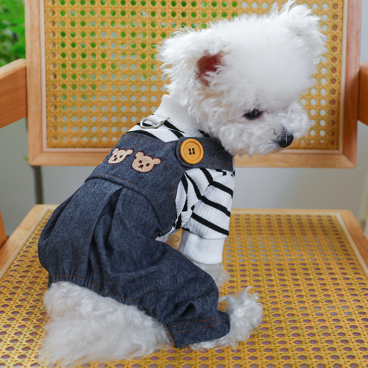 KFX-1287101 Stylish Bear Jeans Black and White Striped Suspender Pants for Pets