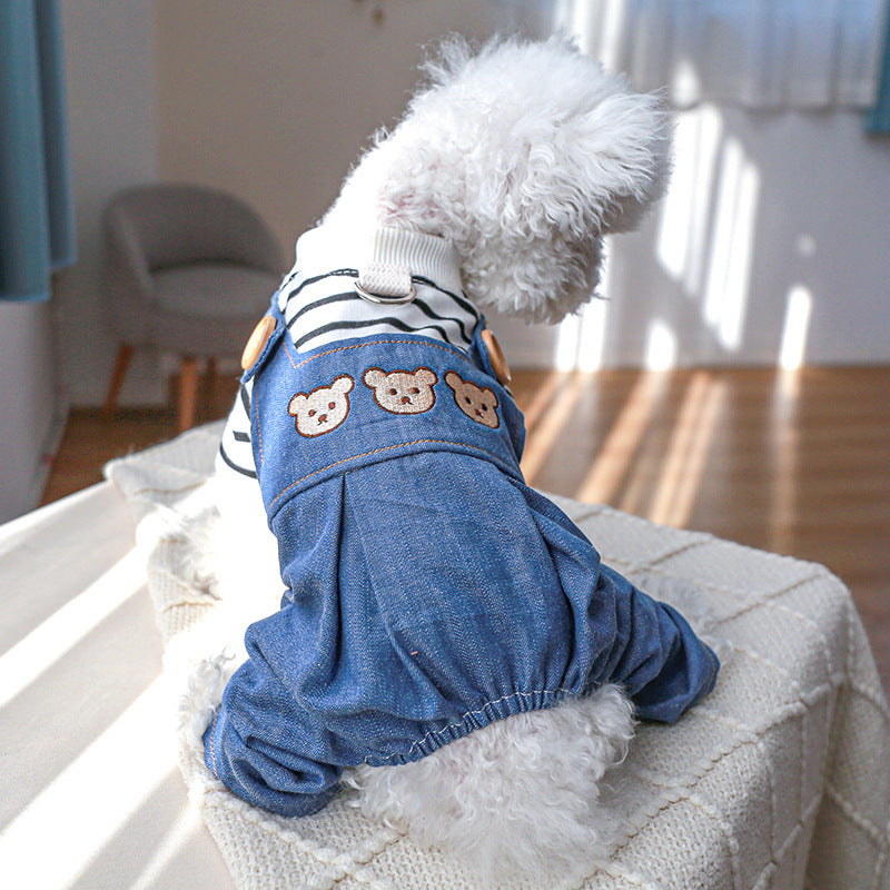 KFX-1287101 Stylish Bear Jeans Black and White Striped Suspender Pants for Pets