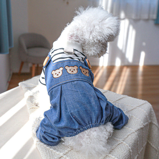 KFX-1287101 Stylish Bear Jeans Black and White Striped Suspender Pants for Pets
