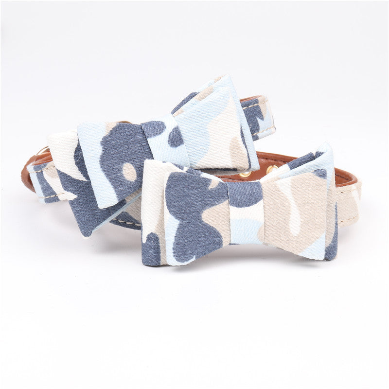 KFX-1297085 Camouflage Bowknot Pet Collar - Blue, Green, Colorful PU Material