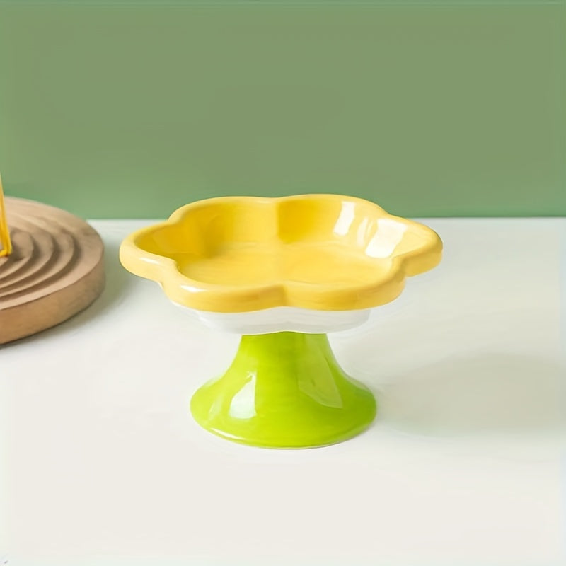 KFX-1297725 Raised Ceramic Cat Bowl with Flower Design for Food and Water, Neck Support, 15.5 x 8.6 cm