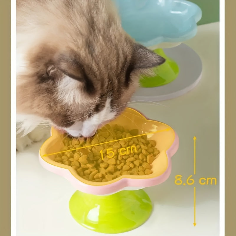 KFX-1297725 Raised Ceramic Cat Bowl with Flower Design for Food and Water, Neck Support, 15.5 x 8.6 cm