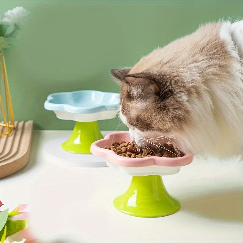 KFX-1297725 Raised Ceramic Cat Bowl with Flower Design for Food and Water, Neck Support, 15.5 x 8.6 cm