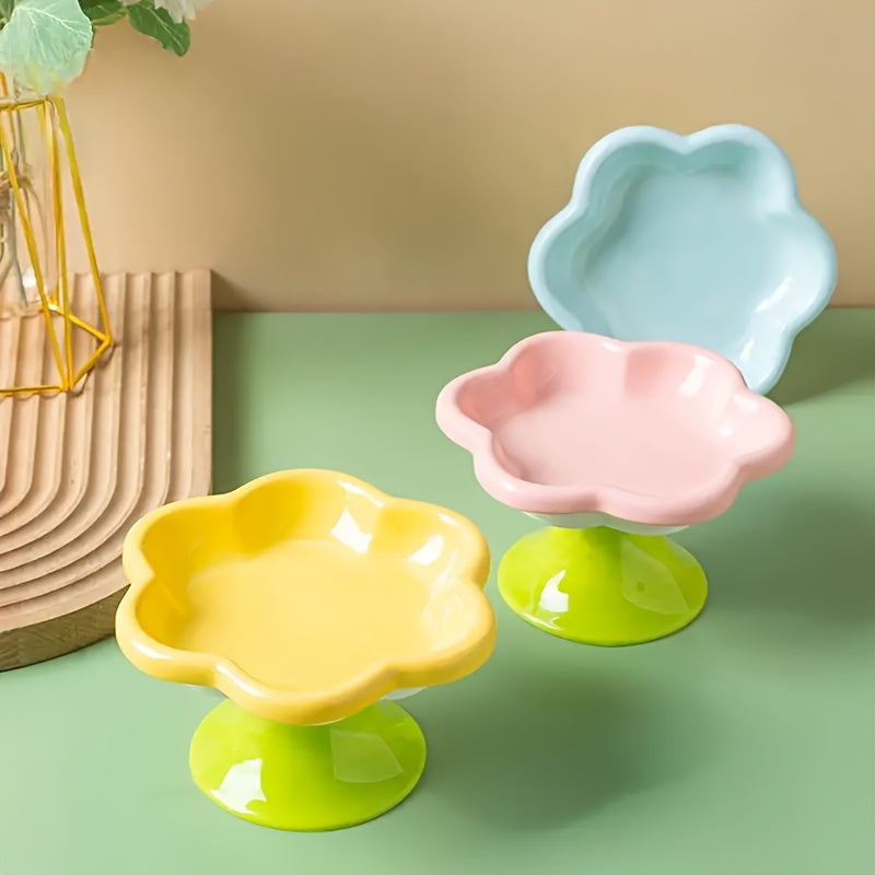 KFX-1297725 Raised Ceramic Cat Bowl with Flower Design for Food and Water, Neck Support, 15.5 x 8.6 cm