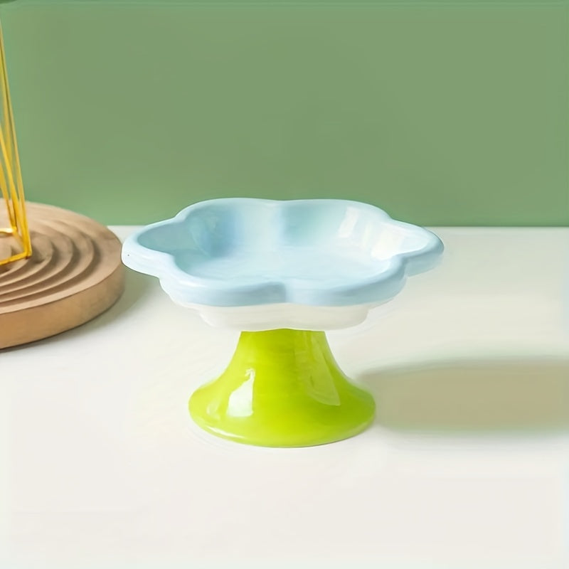 KFX-1297725 Raised Ceramic Cat Bowl with Flower Design for Food and Water, Neck Support, 15.5 x 8.6 cm
