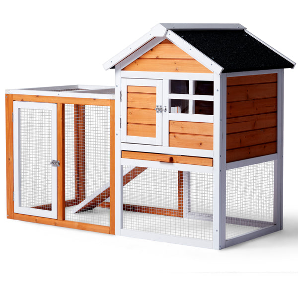KFX-1298109 Wooden Chicken Rabbit Cage with Run and Removable Upper Tray in Orange-Red