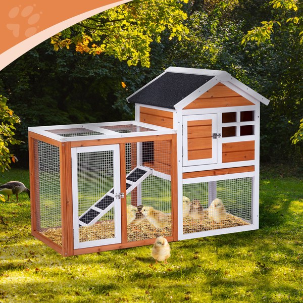 KFX-1298109 Wooden Chicken Rabbit Cage with Run and Removable Upper Tray in Orange-Red