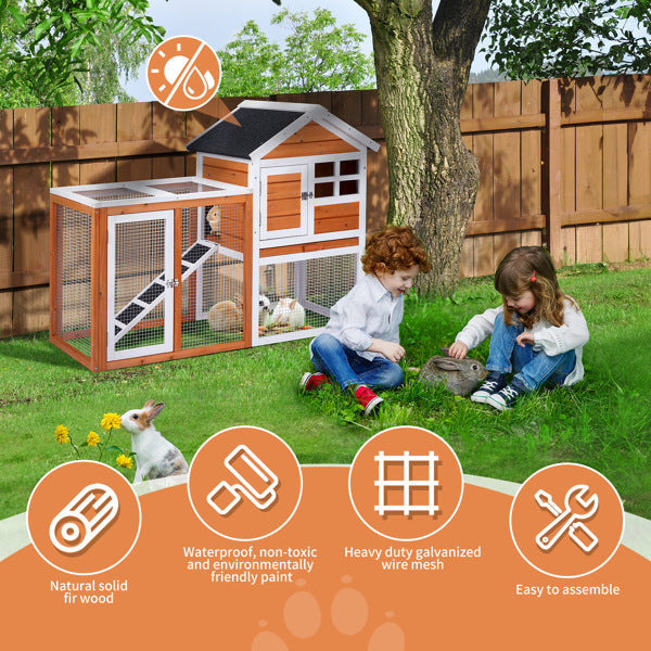 KFX-1298109 Wooden Chicken Rabbit Cage with Run and Removable Upper Tray in Orange-Red