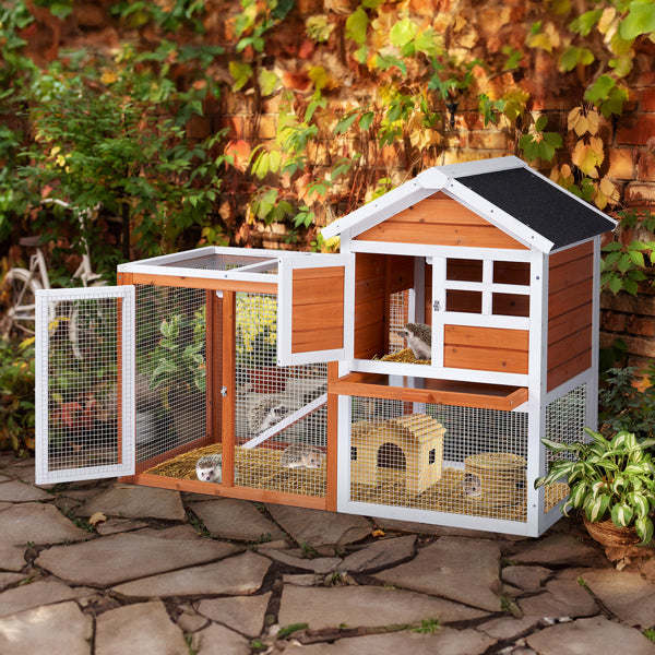 KFX-1298109 Wooden Chicken Rabbit Cage with Run and Removable Upper Tray in Orange-Red