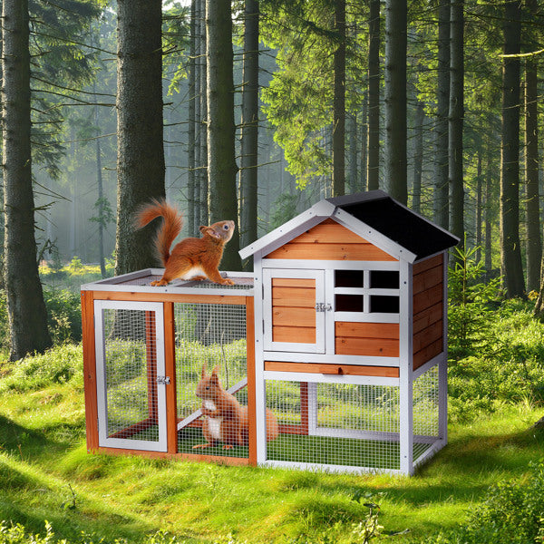KFX-1298109 Wooden Chicken Rabbit Cage with Run and Removable Upper Tray in Orange-Red