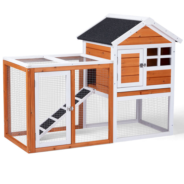 KFX-1298109 Wooden Chicken Rabbit Cage with Run and Removable Upper Tray in Orange-Red