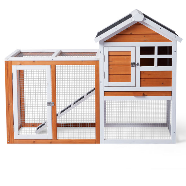 KFX-1298109 Wooden Chicken Rabbit Cage with Run and Removable Upper Tray in Orange-Red