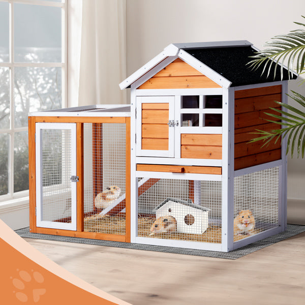 KFX-1298109 Wooden Chicken Rabbit Cage with Run and Removable Upper Tray in Orange-Red