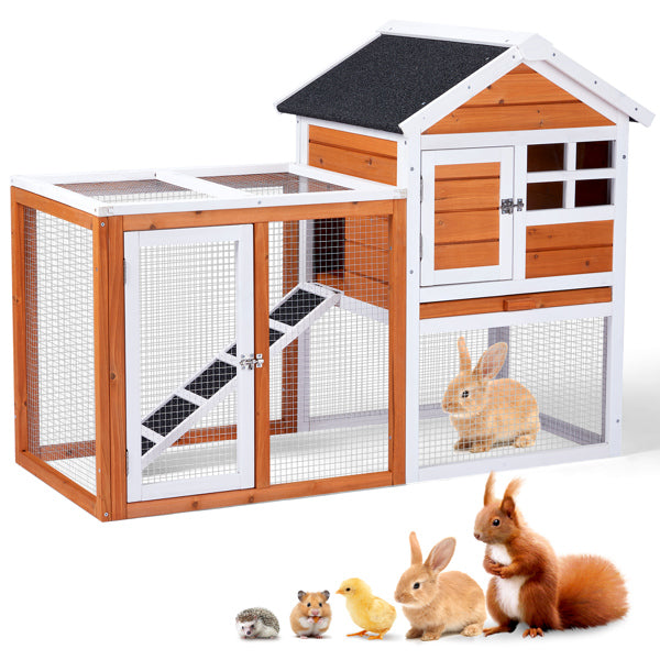 KFX-1298109 Wooden Chicken Rabbit Cage with Run and Removable Upper Tray in Orange-Red