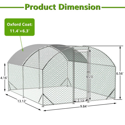 KFX-1301821 Large Metal Chicken Coop with Waterproof UV-Resistant Cover, Walk-In Dome Run for Outdoor Use, 9.84' x 13.12' x 6.56'