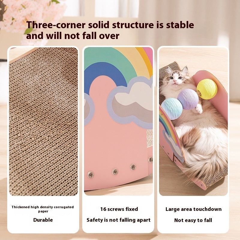 KFX-1306173 Rainbow Rocking Cat Scratch Board - Durable Corrugated Paper with Rope Ball, Pink