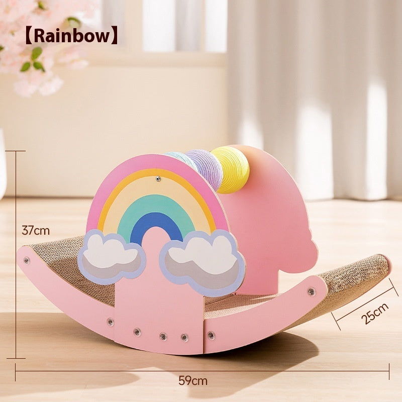 KFX-1306173 Rainbow Rocking Cat Scratch Board - Durable Corrugated Paper with Rope Ball, Pink
