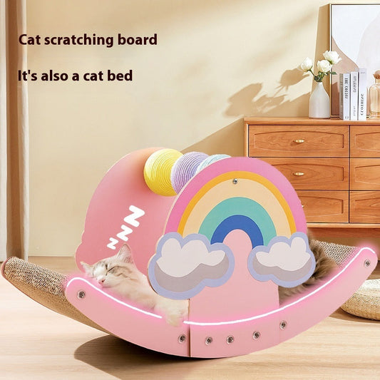 KFX-1306173 Rainbow Rocking Cat Scratch Board - Durable Corrugated Paper with Rope Ball, Pink