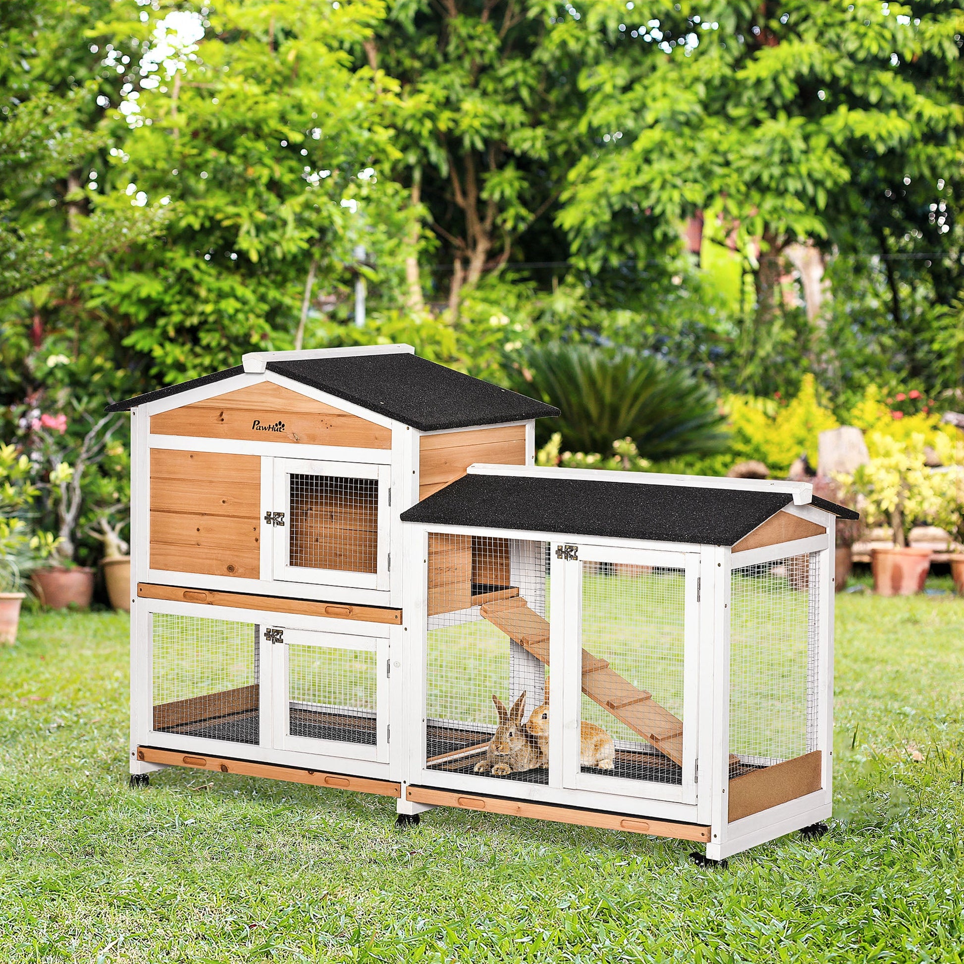 KFX-1309629 Wooden Mobile Rabbit Hutch with Wheels, Slide-Out Tray, Ramp, and Run Box - Yellow Finish