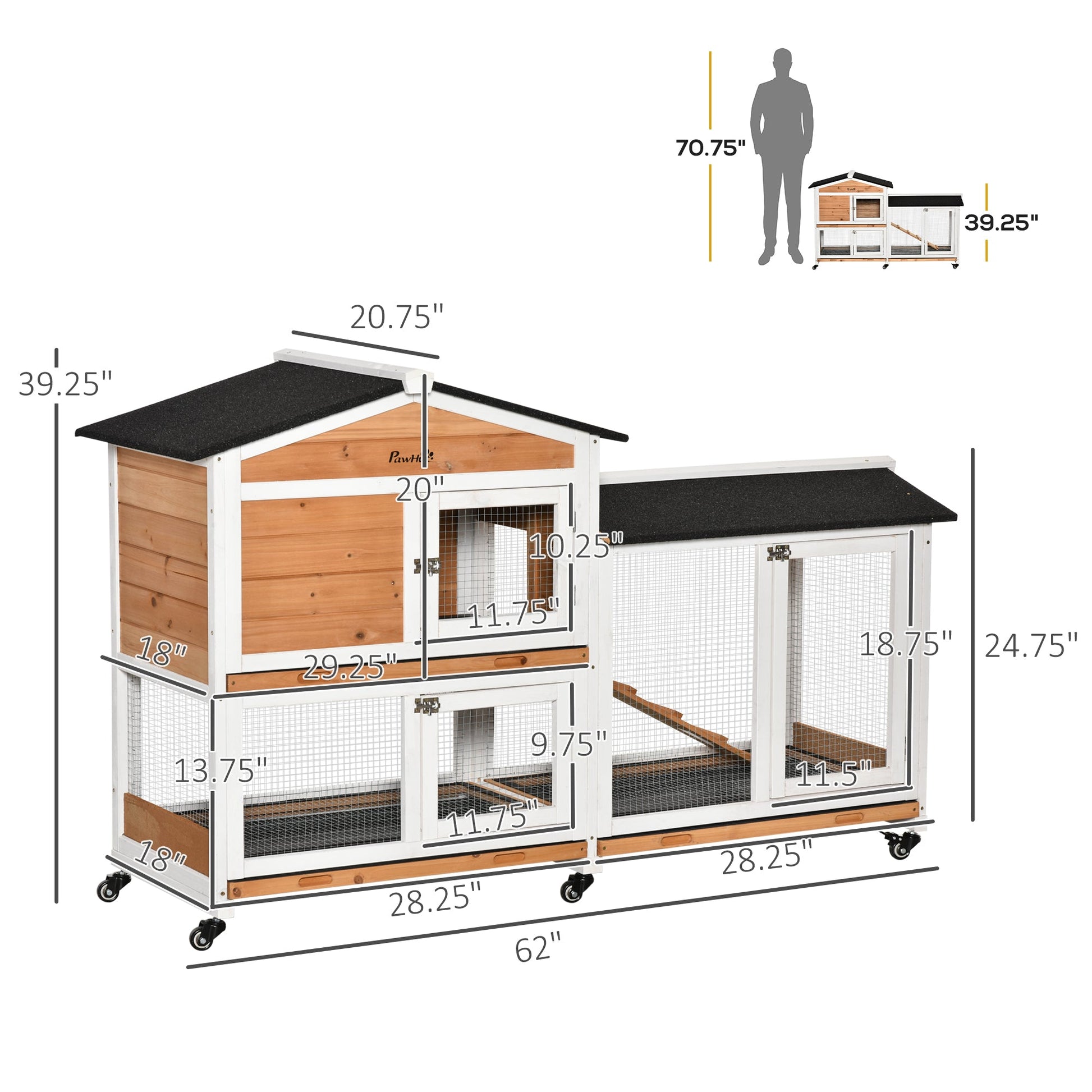 KFX-1309629 Wooden Mobile Rabbit Hutch with Wheels, Slide-Out Tray, Ramp, and Run Box - Yellow Finish