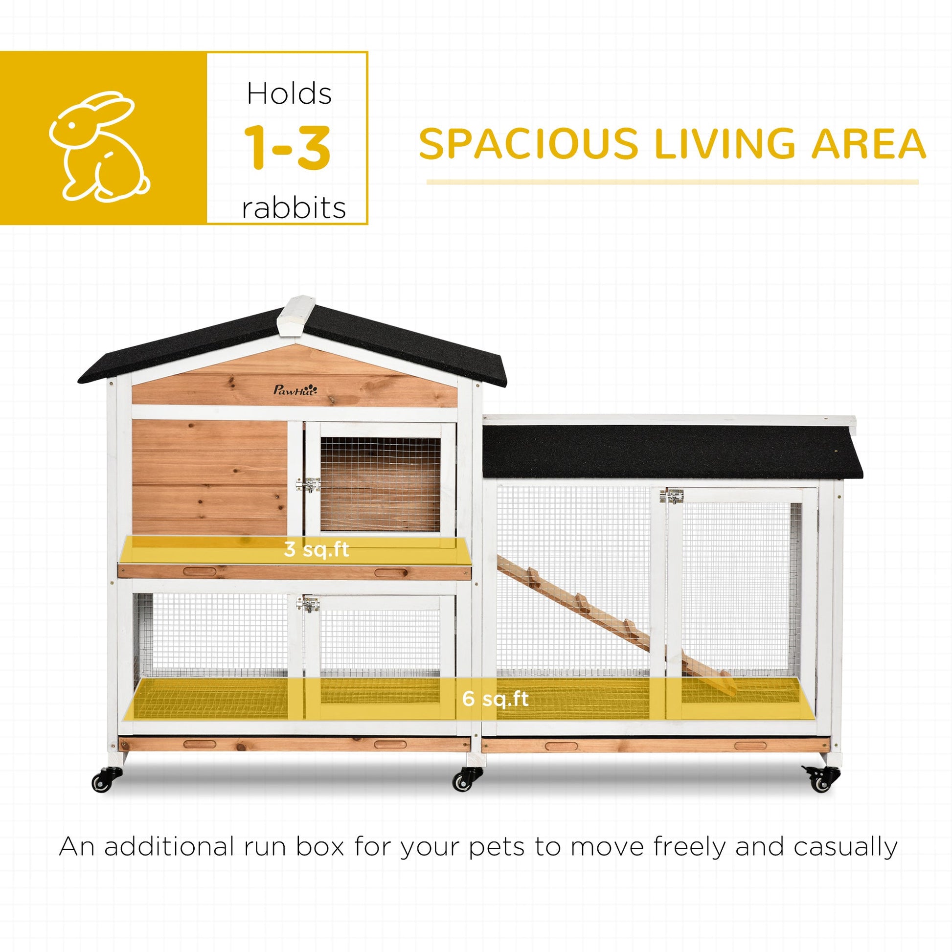 KFX-1309629 Wooden Mobile Rabbit Hutch with Wheels, Slide-Out Tray, Ramp, and Run Box - Yellow Finish