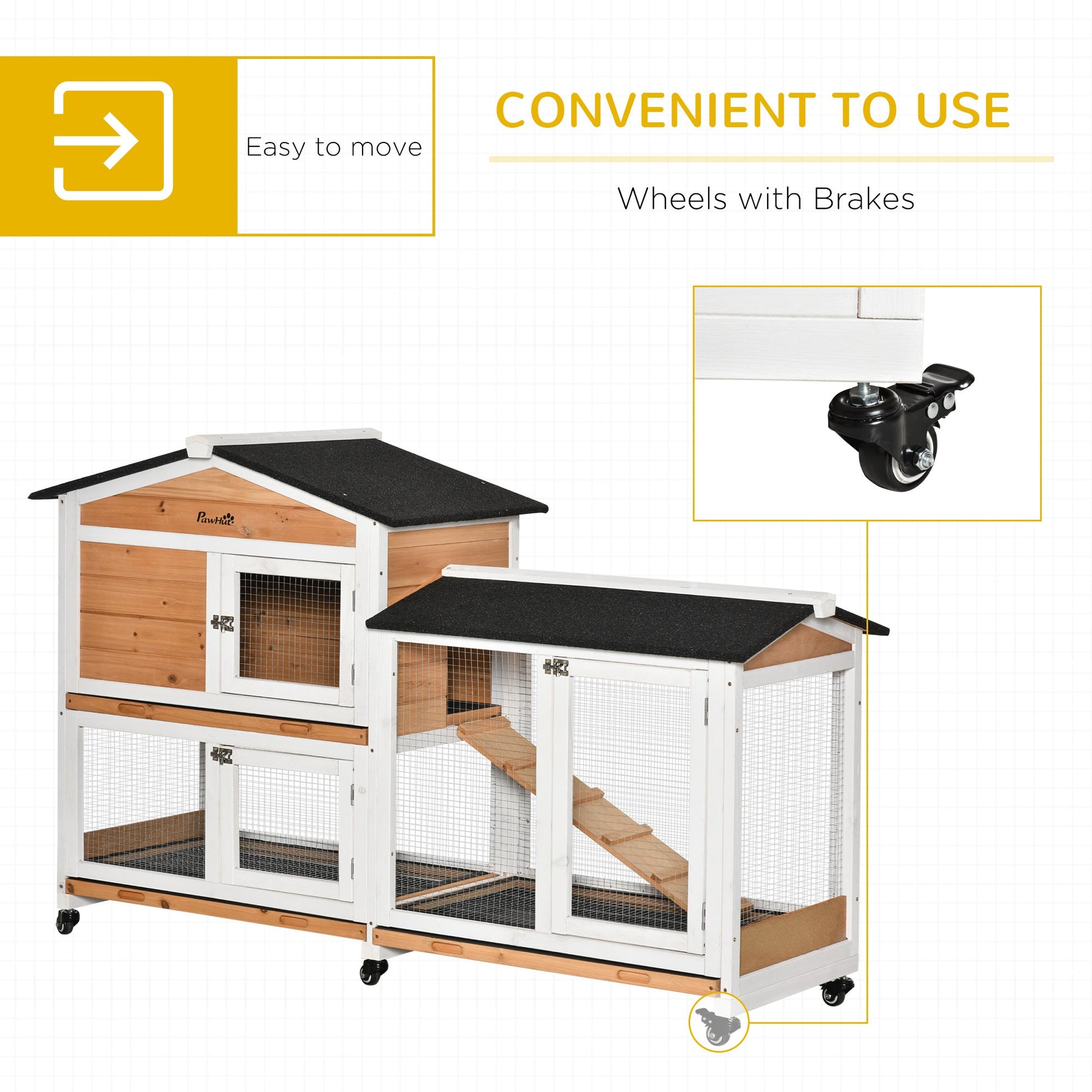 KFX-1309629 Wooden Mobile Rabbit Hutch with Wheels, Slide-Out Tray, Ramp, and Run Box - Yellow Finish