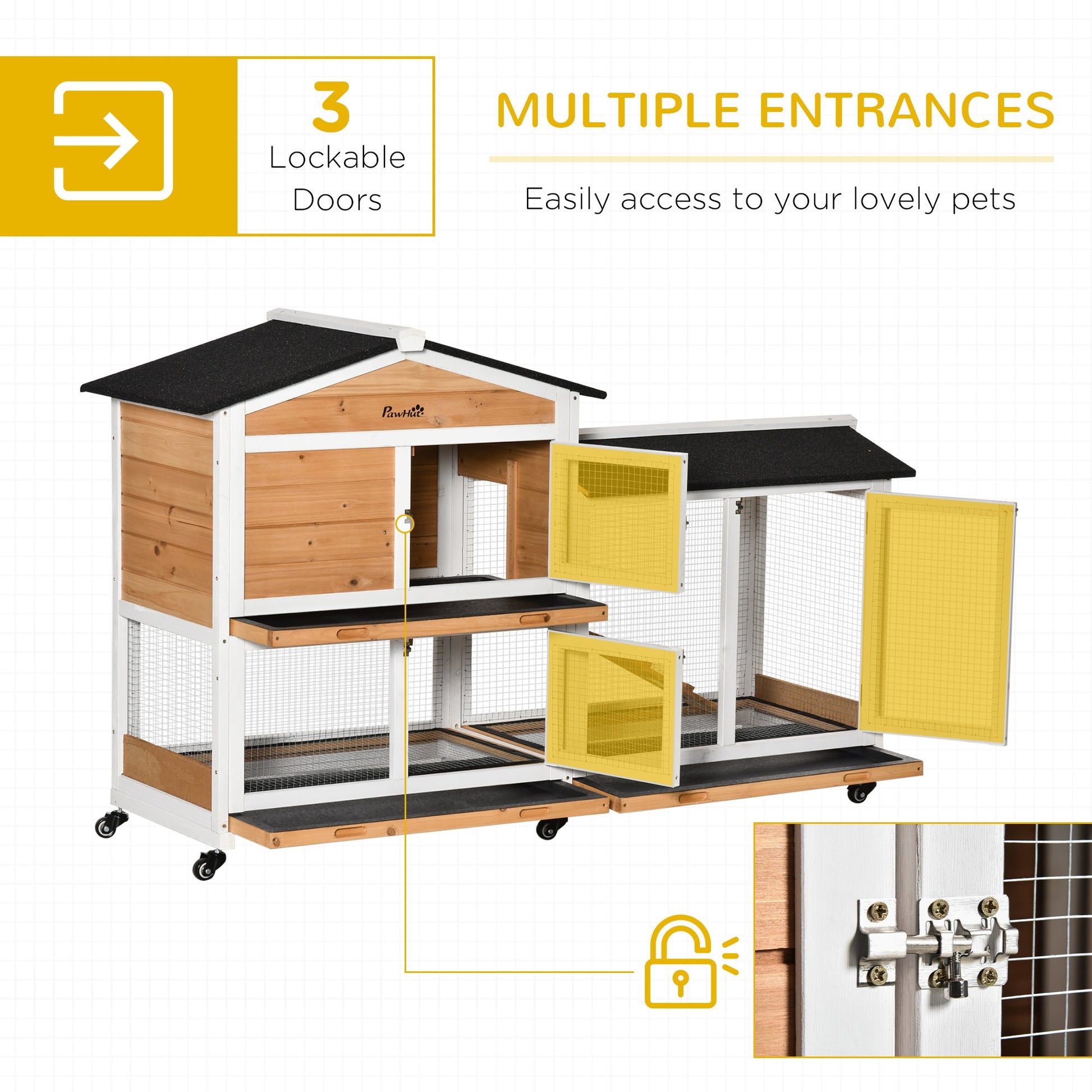 KFX-1309629 Wooden Mobile Rabbit Hutch with Wheels, Slide-Out Tray, Ramp, and Run Box - Yellow Finish