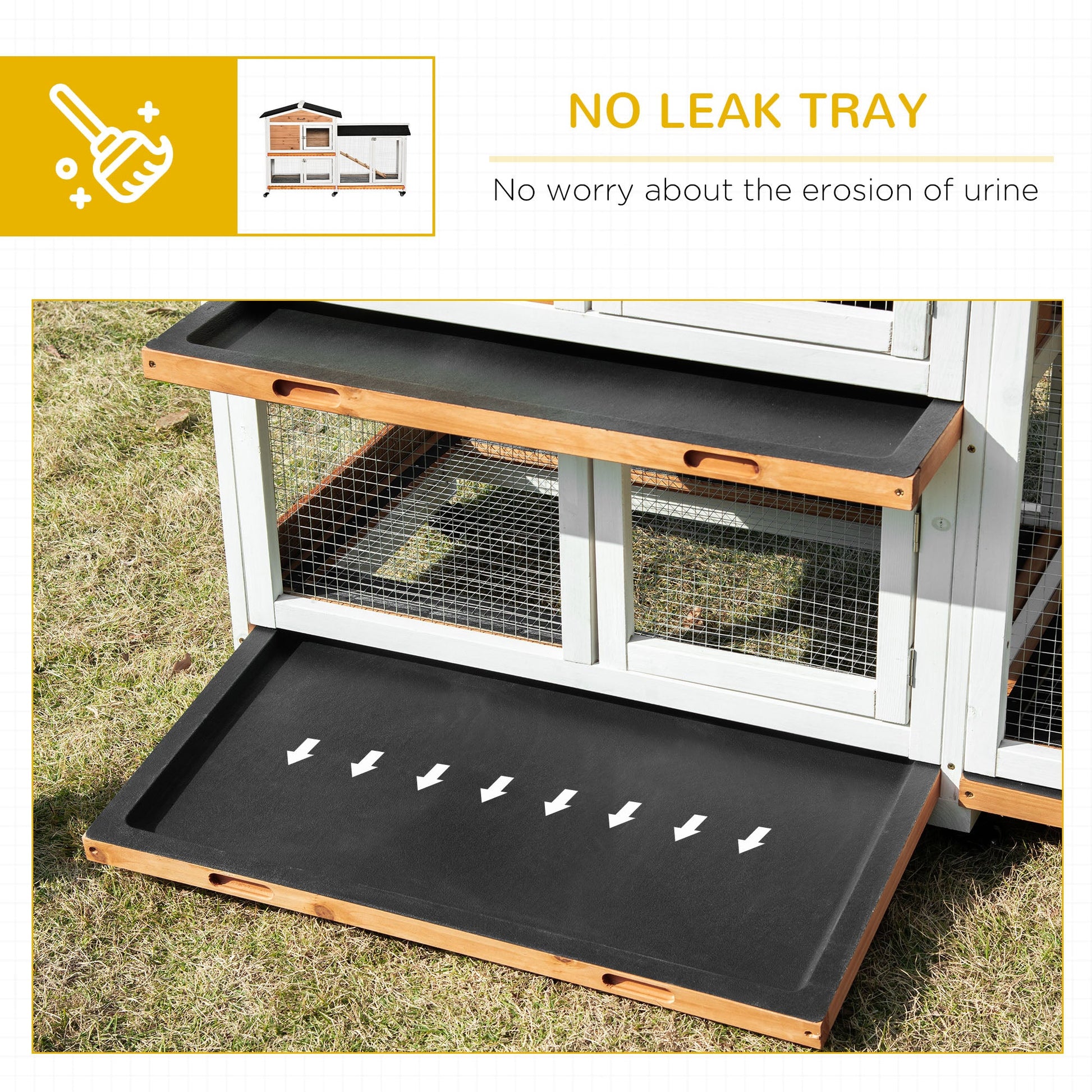 KFX-1309629 Wooden Mobile Rabbit Hutch with Wheels, Slide-Out Tray, Ramp, and Run Box - Yellow Finish