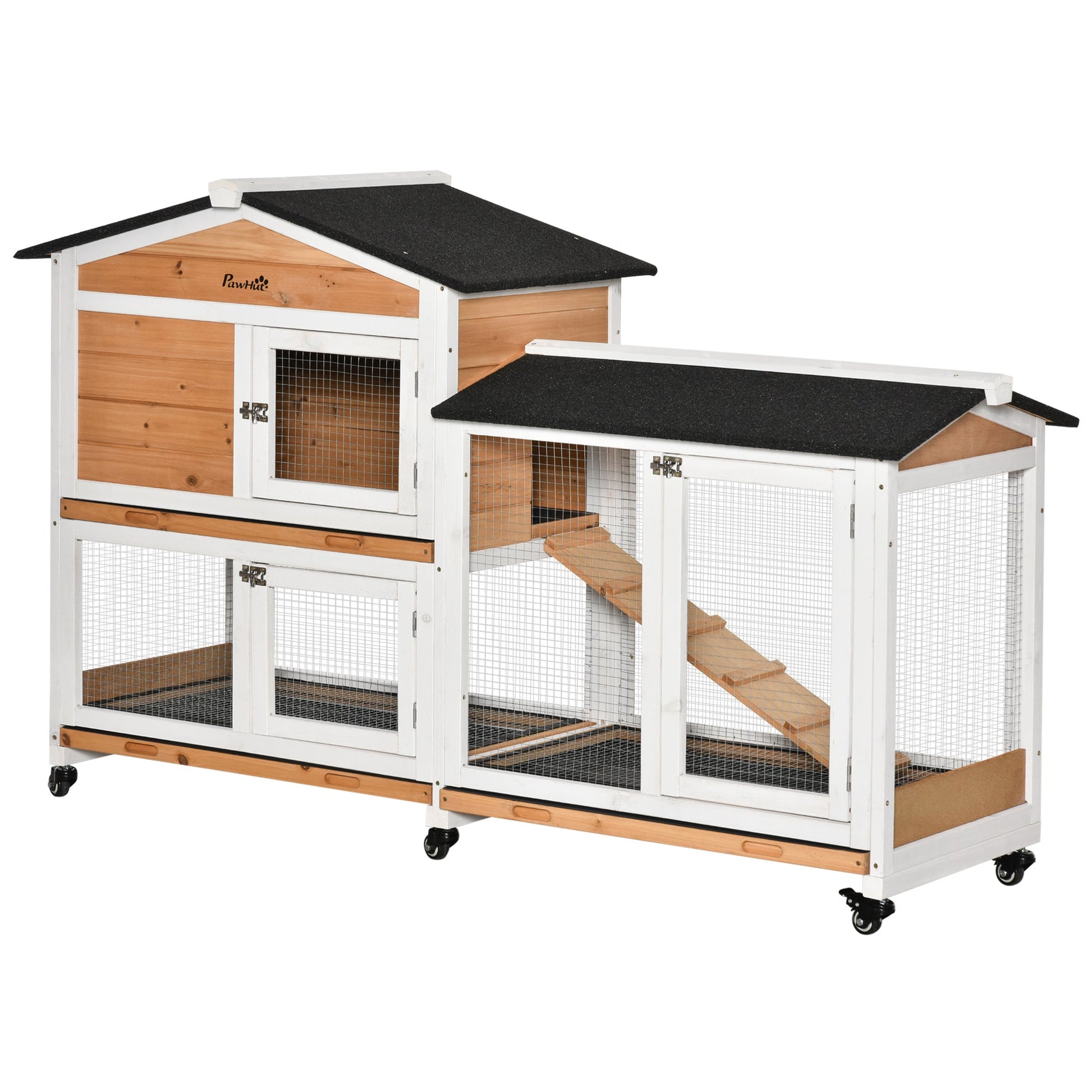 KFX-1309629 Wooden Mobile Rabbit Hutch with Wheels, Slide-Out Tray, Ramp, and Run Box - Yellow Finish