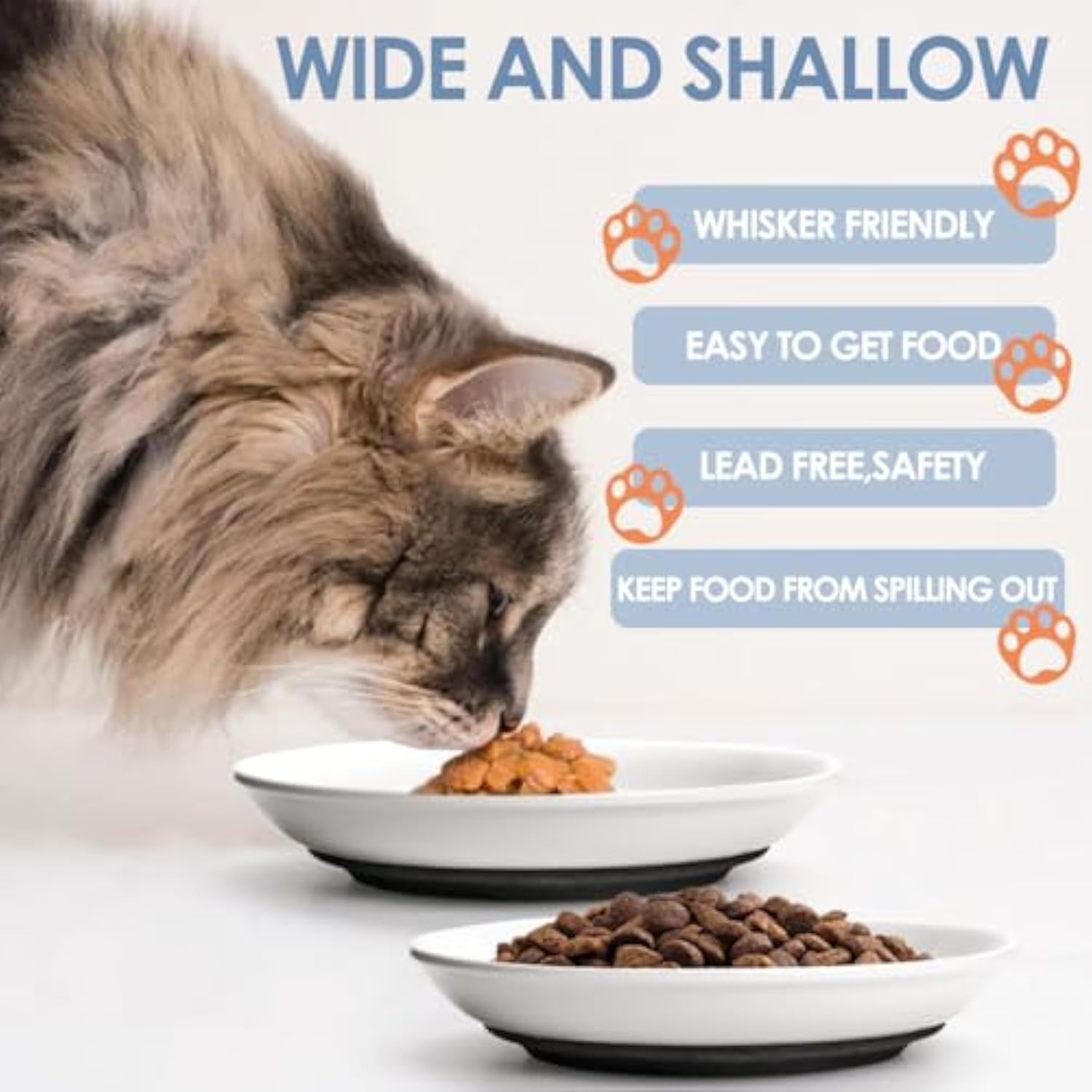 KFX-1311933 Whisker-Friendly Ceramic Cat Bowls with Non-Slip Silicone Base for Food and Water