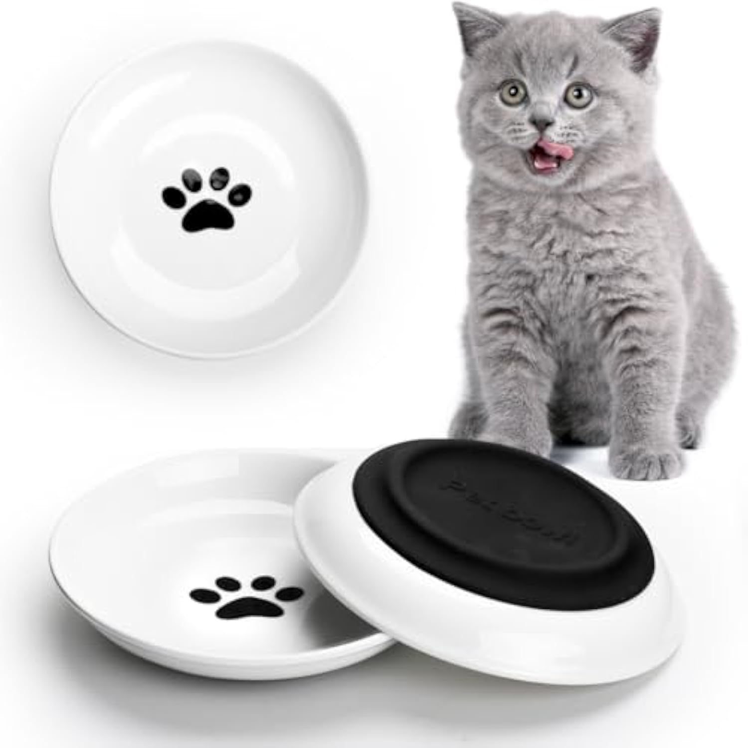 KFX-1311933 Whisker-Friendly Ceramic Cat Bowls with Non-Slip Silicone Base for Food and Water