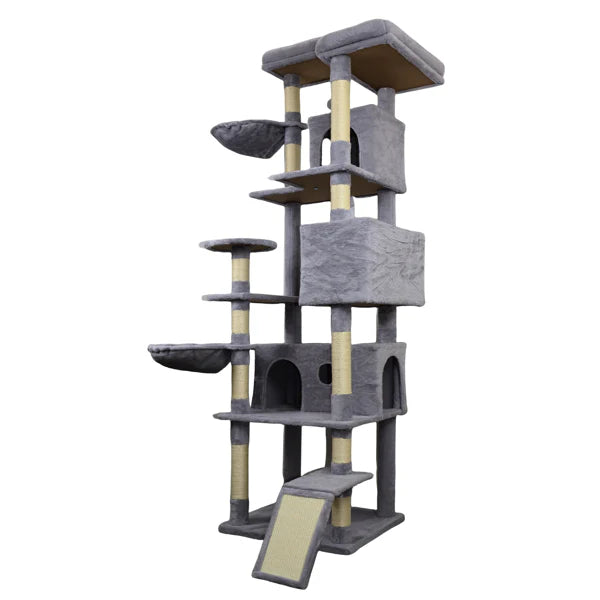 KFX-1321149 Dark Gray Cat Tree Tower with Wide Base, 3 Large Condos, 11 Scratching Posts, 2 Hammocks, and Interactive Toy