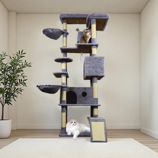 KFX-1321149 Dark Gray Cat Tree Tower with Wide Base, 3 Large Condos, 11 Scratching Posts, 2 Hammocks, and Interactive Toy