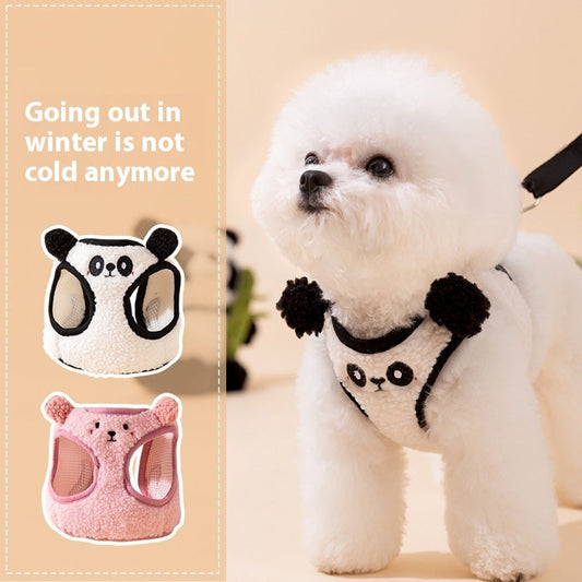 KFX-1327037 Lambswool Dog Leash with Animal-Shaped Handle in White Panda and Pink Bear Designs