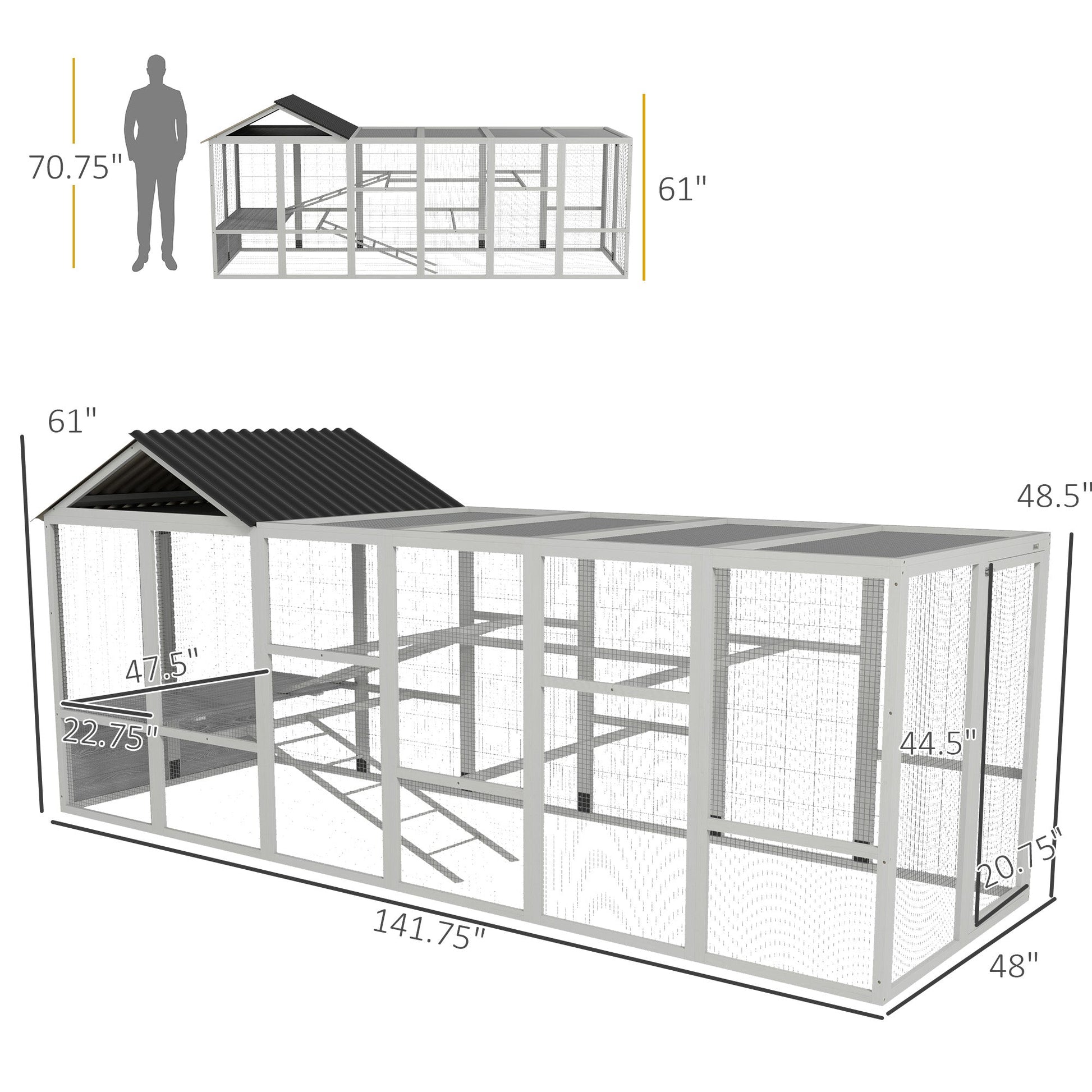 KFX-1330877 Wooden Chicken Coop Run for 6-10 Chickens with Storage, Perches and Lockable Door - 141.75" x 48" x 61" Gray