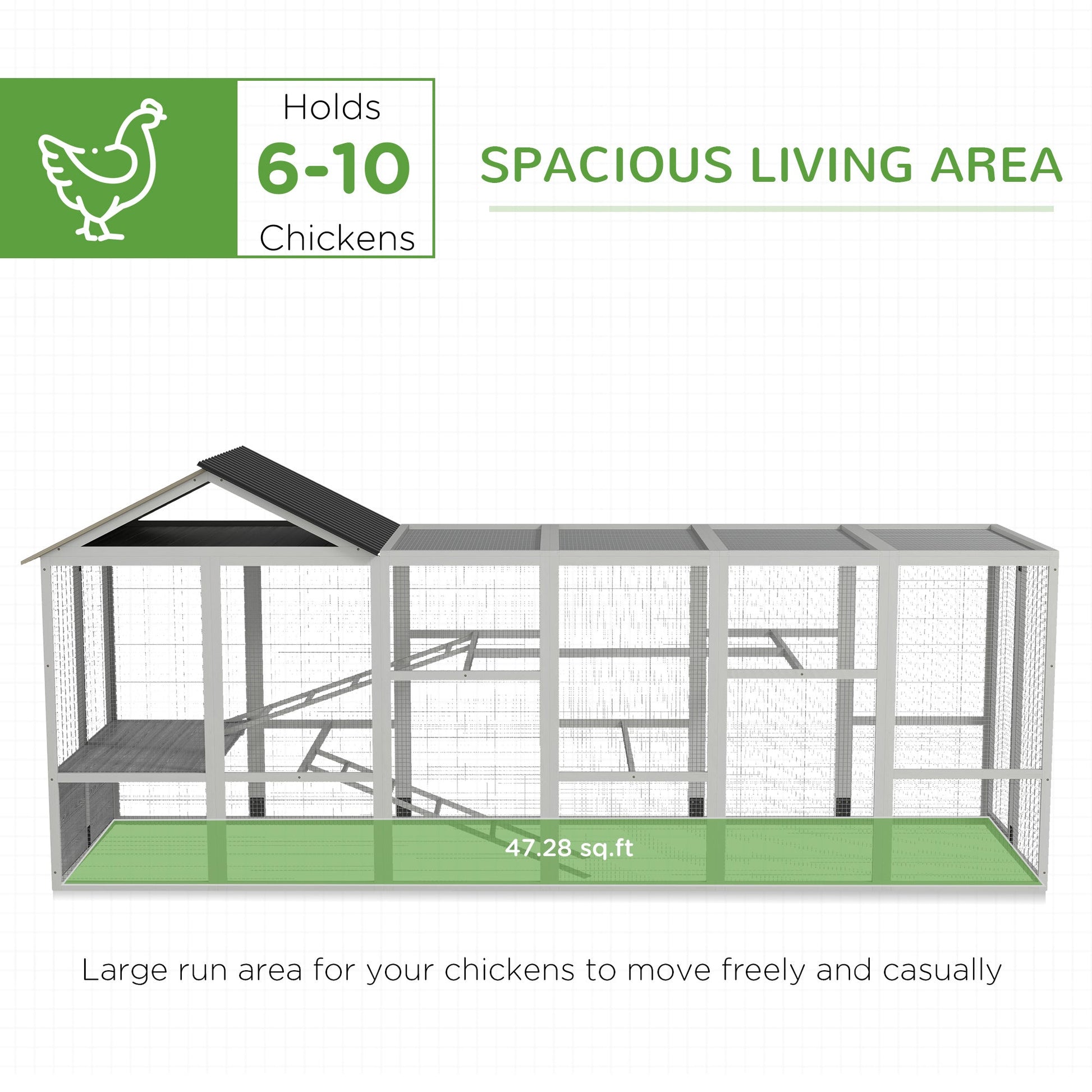 KFX-1330877 Wooden Chicken Coop Run for 6-10 Chickens with Storage, Perches and Lockable Door - 141.75" x 48" x 61" Gray