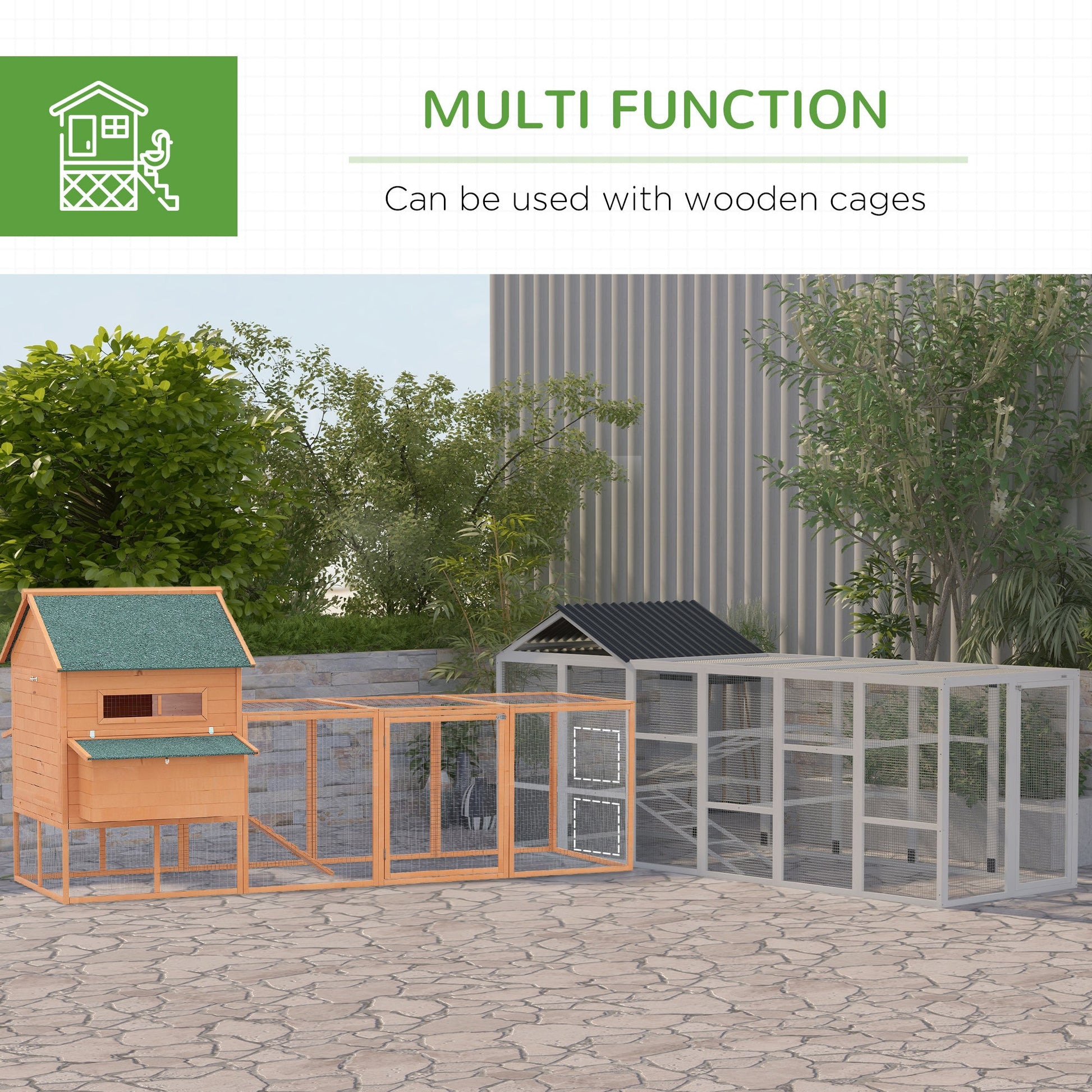 KFX-1330877 Wooden Chicken Coop Run for 6-10 Chickens with Storage, Perches and Lockable Door - 141.75" x 48" x 61" Gray