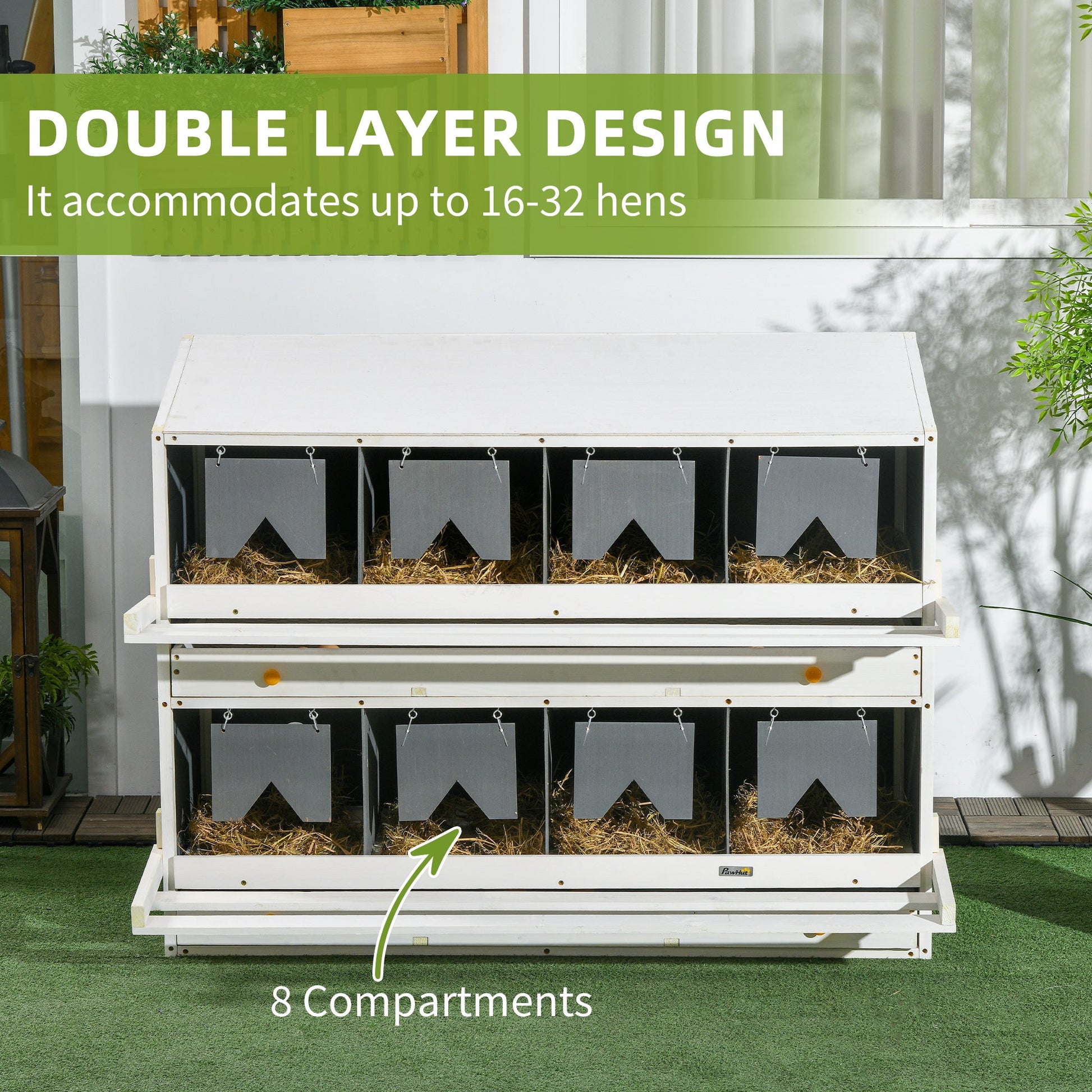 KFX-1336637 8 Compartment Wooden Chicken Nesting Box with Egg Collection Trays and Perches for 16-32 Hens