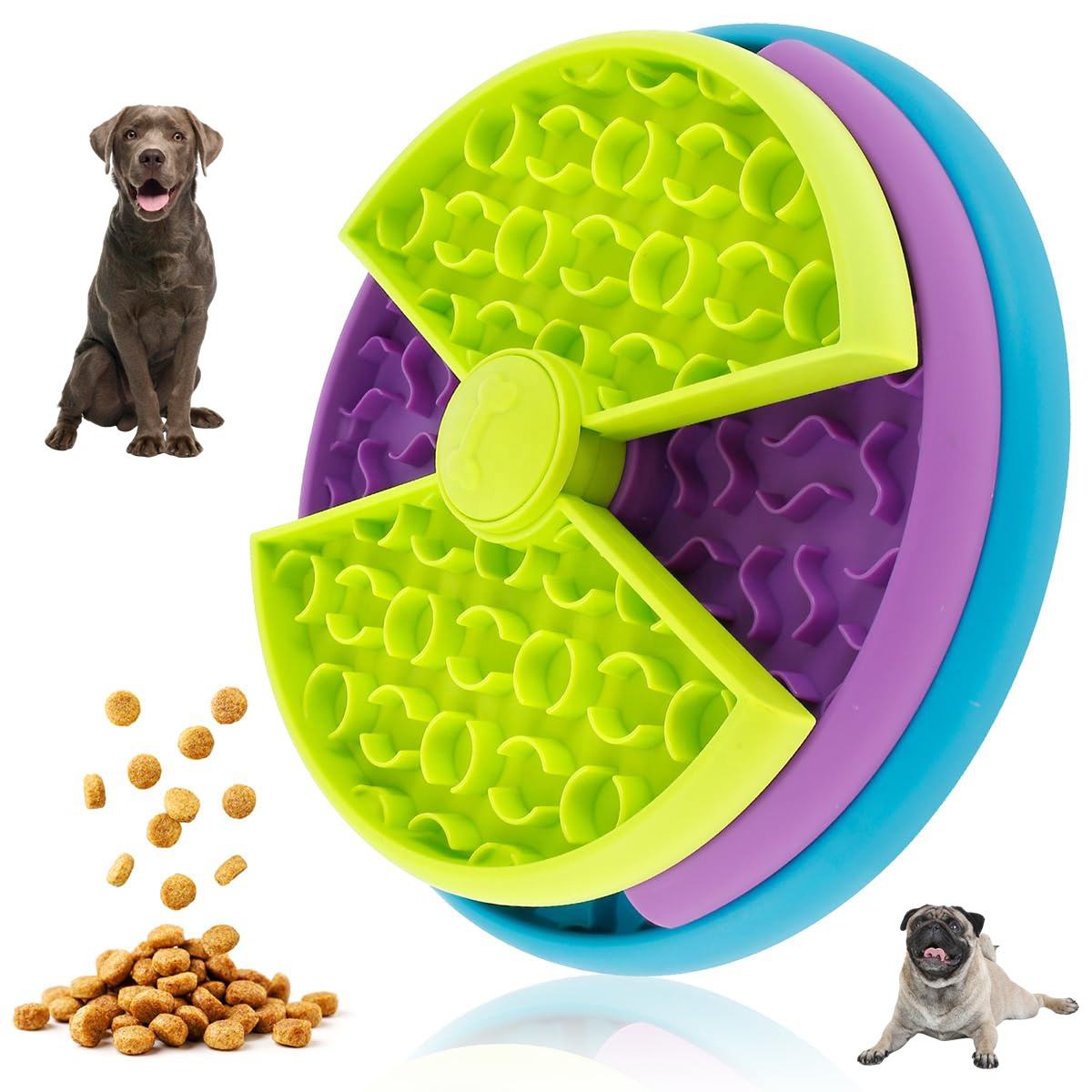 KFX-1336765 3-in-1 Slow Feeder Bowl with Rotating Tiers and Lick Mat for Medium & Large Dogs