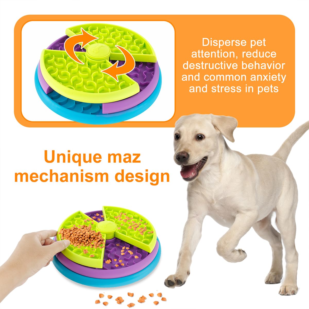 KFX-1336765 3-in-1 Slow Feeder Bowl with Rotating Tiers and Lick Mat for Medium & Large Dogs