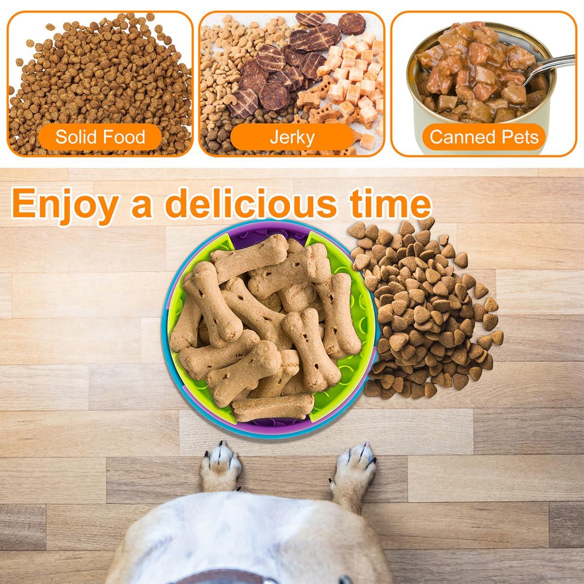 KFX-1336765 3-in-1 Slow Feeder Bowl with Rotating Tiers and Lick Mat for Medium & Large Dogs