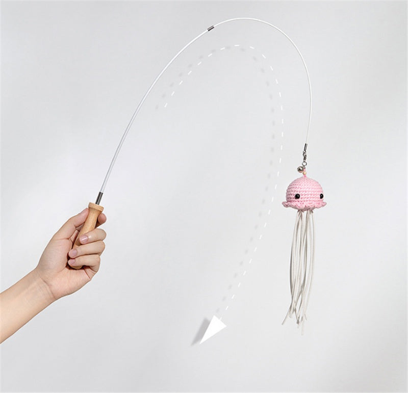 KFX-1339581 Telescopic Steel Wire Cat Toy with Beech Handle and Bell, Durable Funny Cat Stick