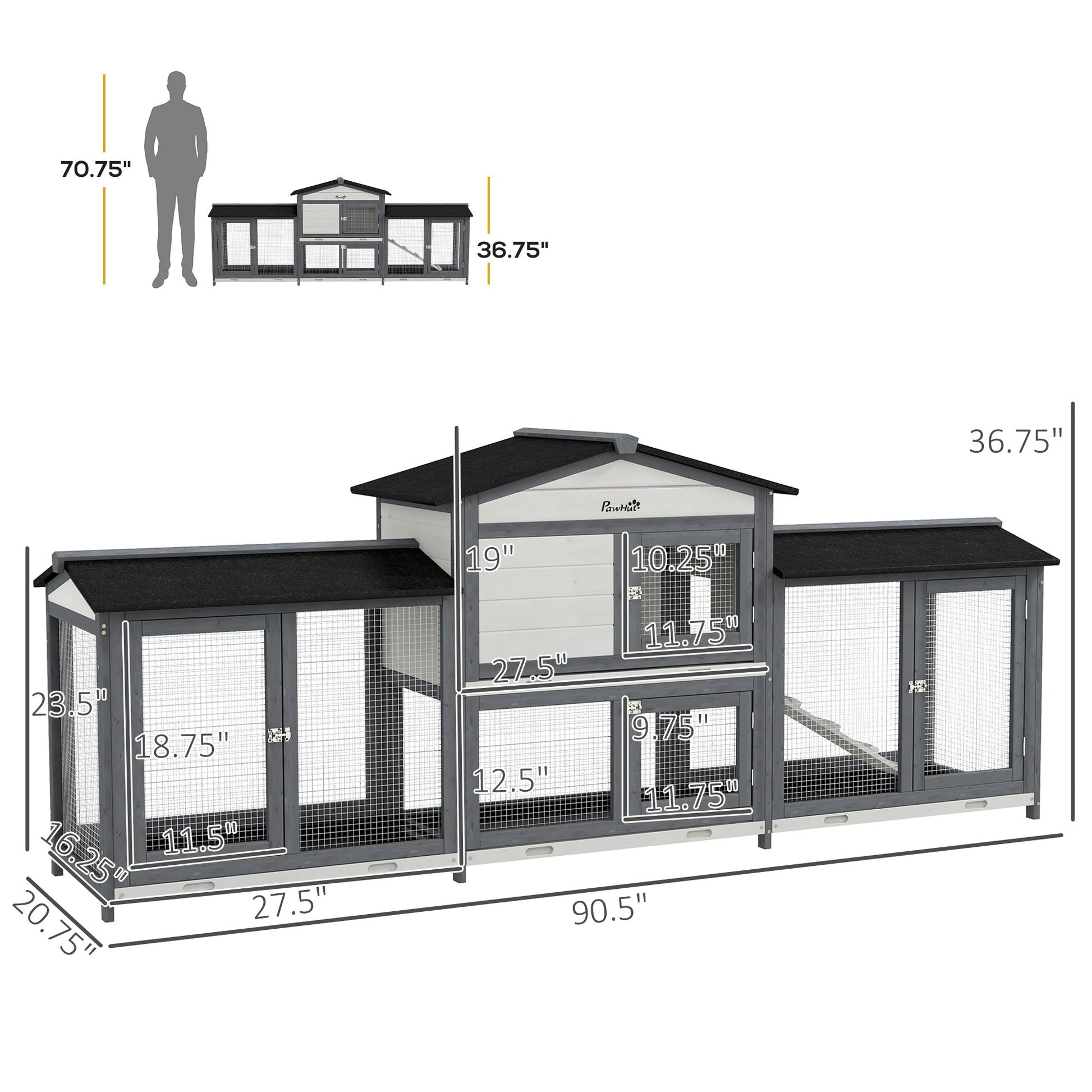 KFX-1342397 Deluxe Wooden Rabbit Hutch with Run and Removable Cleaning Trays for Small Animals, Light Gray, 90.5"